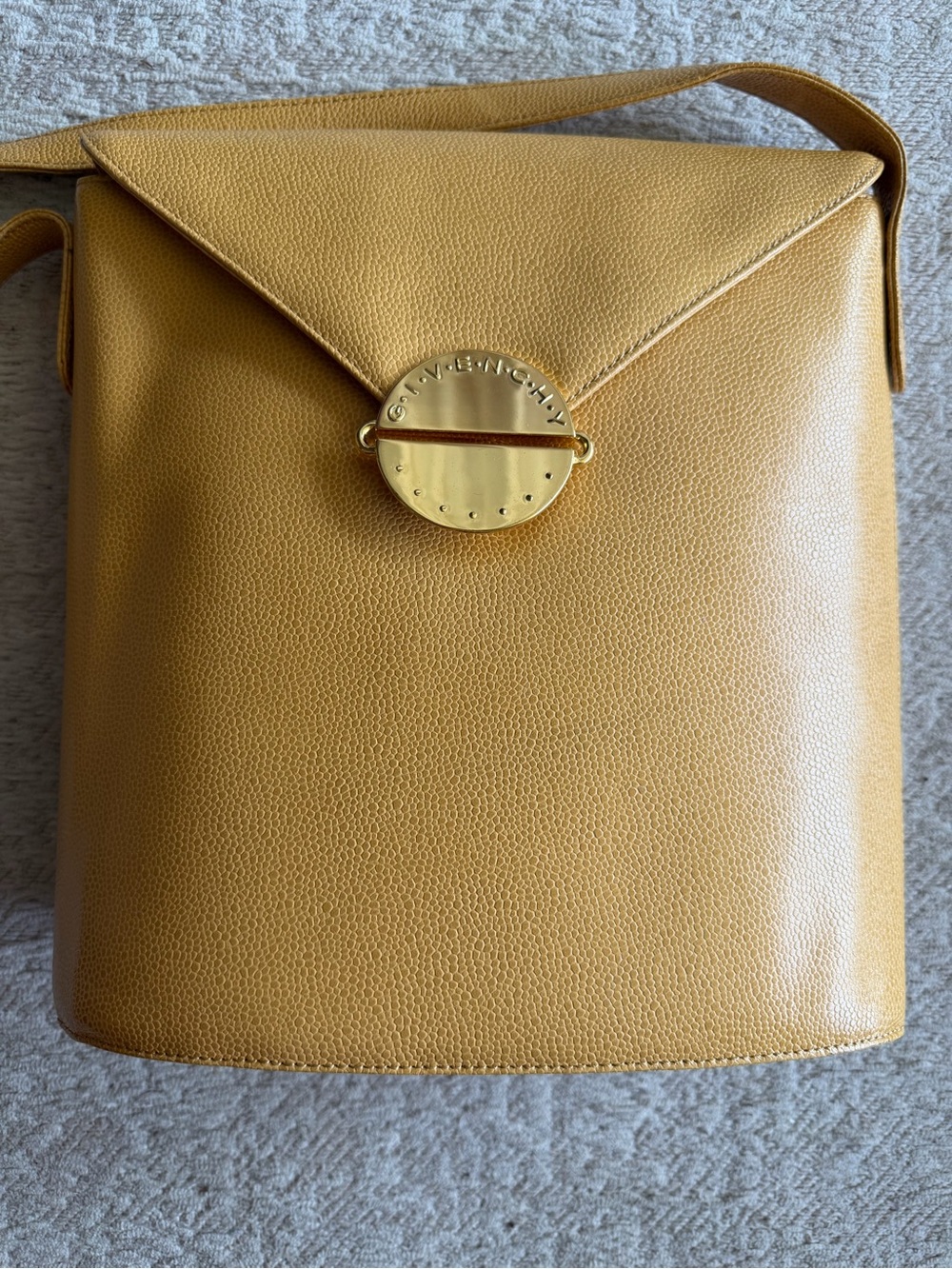 Givenchy Yellow-Tan Pebbled Leather Crossbody with Gold Disc Clasp